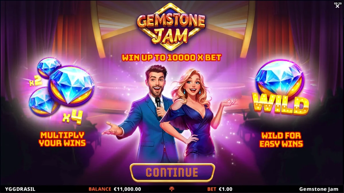 Tampilan visual slot Gemstone Jam dengan tema permata dan acara TV