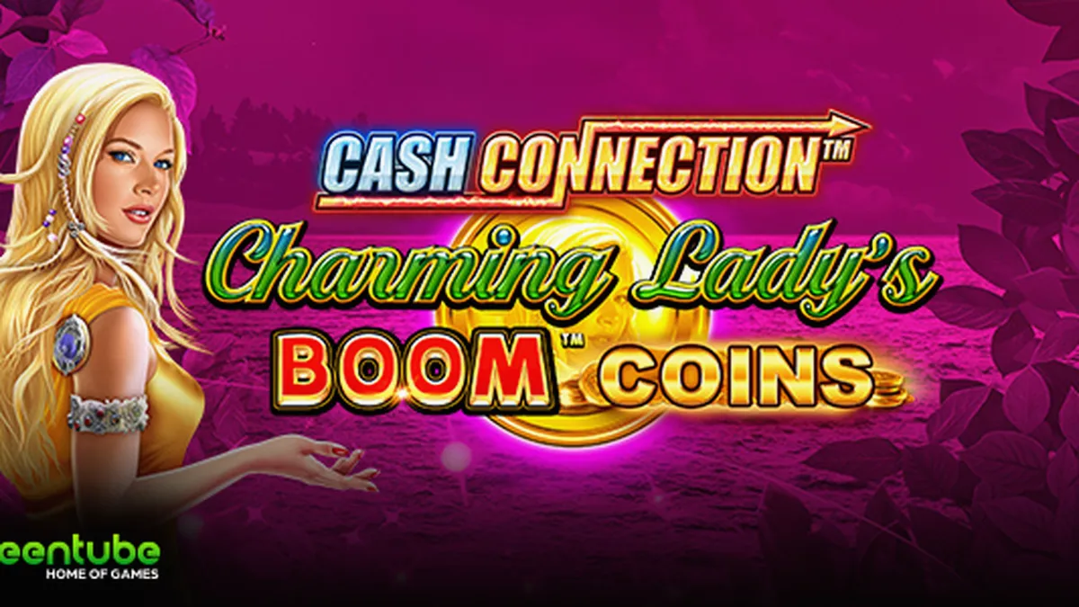 Tampilan layar permainan slot Cash Connection Charming Lady’s Boom Coins yang menampilkan simbol-simbol klasik dan fitur Boom Coins.