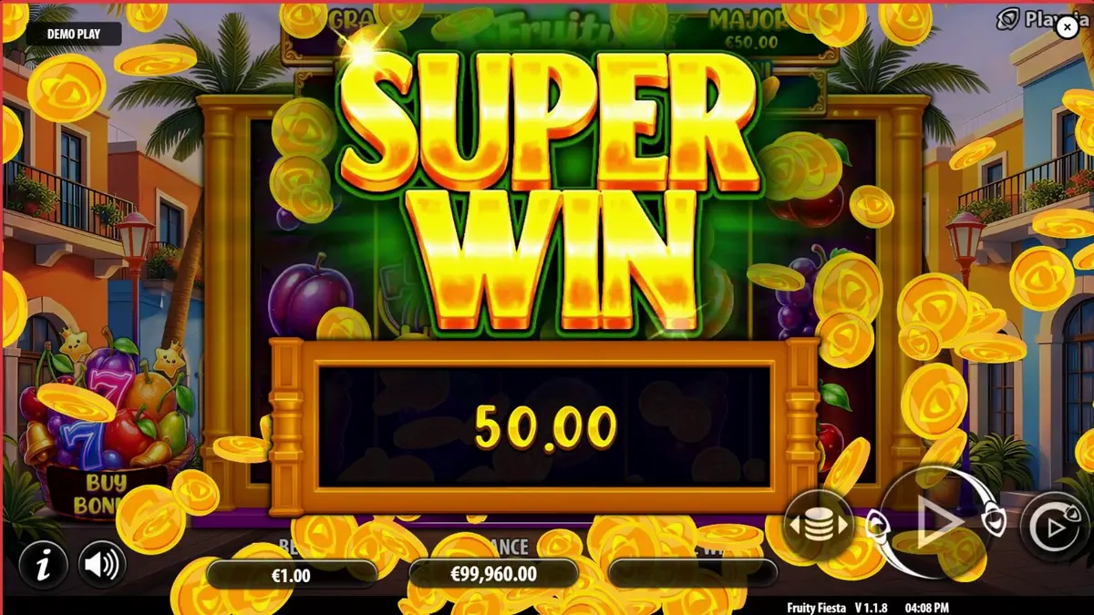 Tampilan visual neon dan simbol buah cerah dalam slot Fruity Fiesta Hold and Win