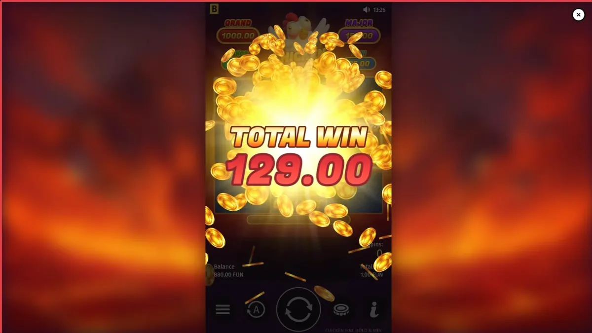 Tampilan visual slot Chicken Fire dengan simbol buah dan karakter ayam kartun