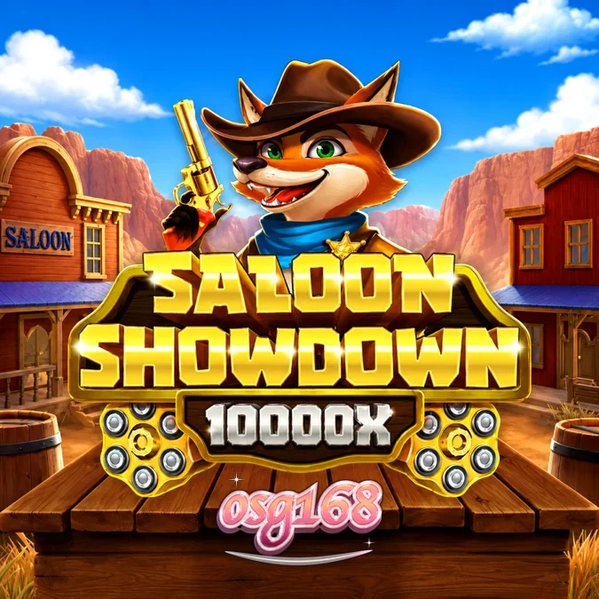 Tampilan visual slot Saloon Showdown 10,000x dengan tema Wild West